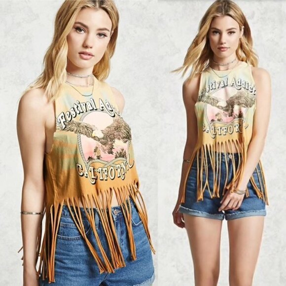 Forever 21 Shirt Womens Small Gold Yellow Boho Fringe Festival - Picture 1 of 9